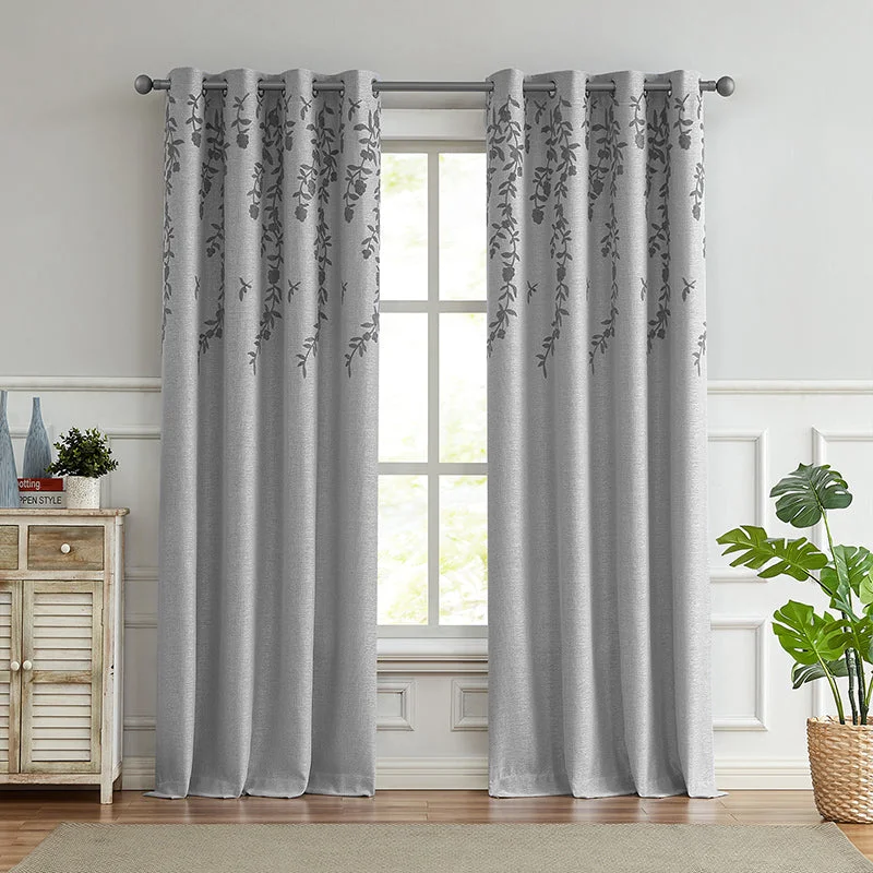 Gray Flower Embroidered Linen Blend Room Darkening Grommet Single Window Curtain Panel (1 Panel)