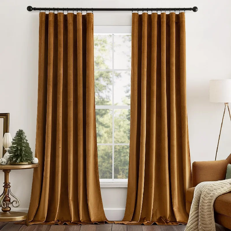 Gold Brown Velvet Curtains Luxury Pinch Pleated Room Darkening Blackout Window Drapes for Bedroom Living Room Thermal Insulated Super Soft, Back Tab Rod Pocket