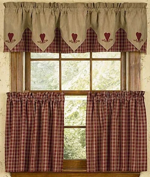 Sturbridge Wine Lined Point Valance Curtains - Embroidered Hearts