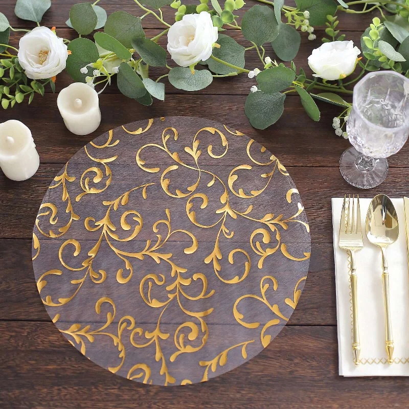 10 Pack Metallic Gold Sheer Organza Round Placemats with Embossed Foil Flower Design, 13" Disposable Dining Table Mats