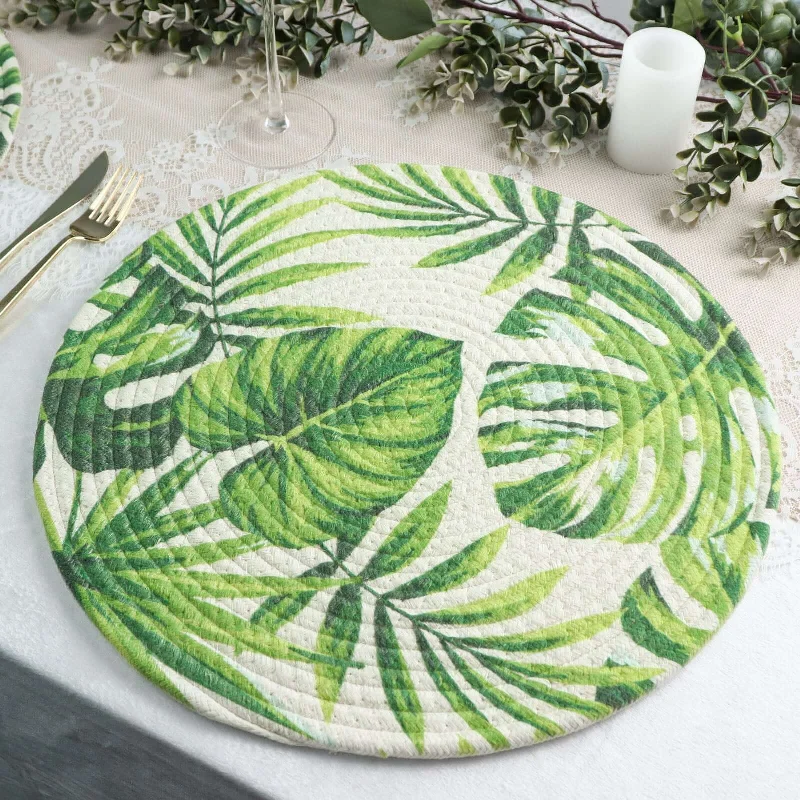 4 Pack Green Tropical Leaf Woven Cotton Table Placemats, Indoor/Outdoor Braided Dining Placemats 15" Round