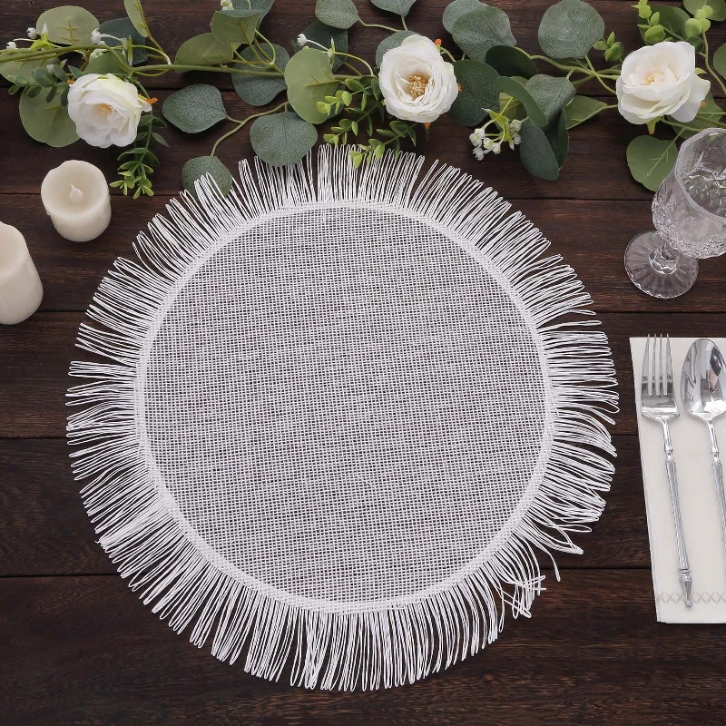 4 Pack White Jute Boho Chic Fringe Edge Table Placemats, Round Rustic Farmhouse Burlap Tassel Dining Table Mats - 16"