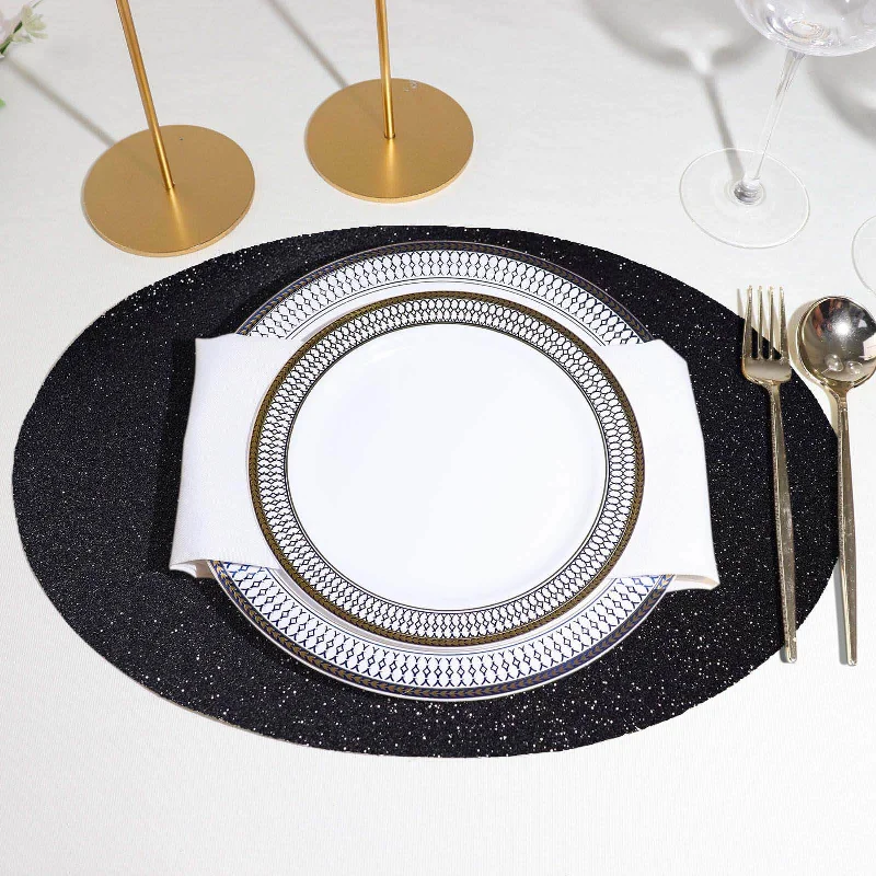 6 Pack Black Sparkle Placemats, Non Slip Decorative Oval Glitter Table Mat