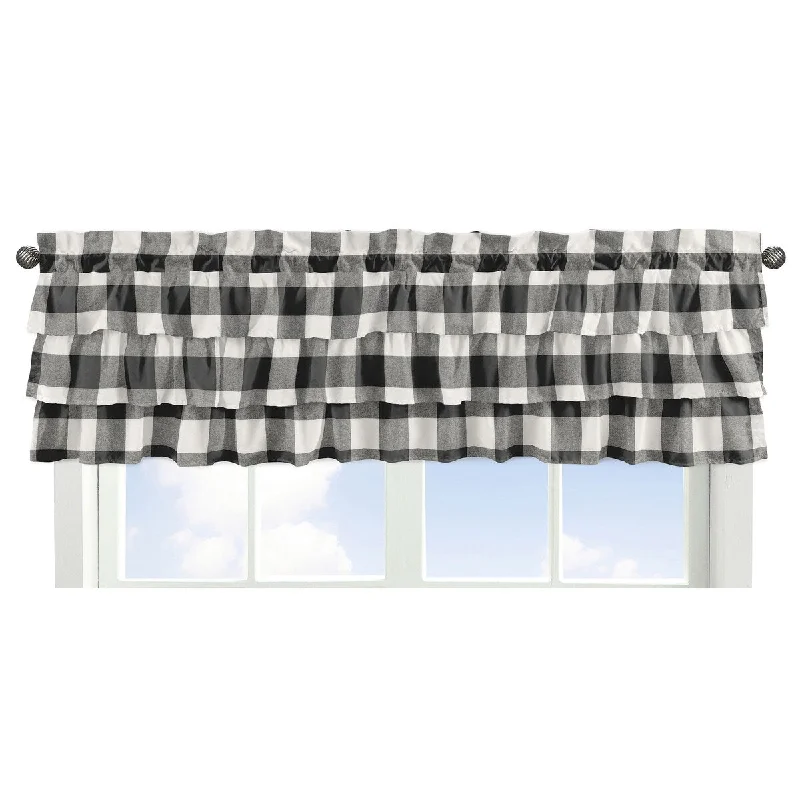 Black Buffalo Plaid Check Collection Window Curtain Valance - White Woodland Rustic Country Farmhouse Tiered Ruffles Ruffled