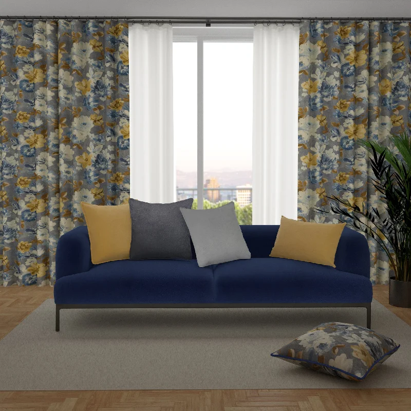 Camilla Navy, Grey and Ochre Curtains