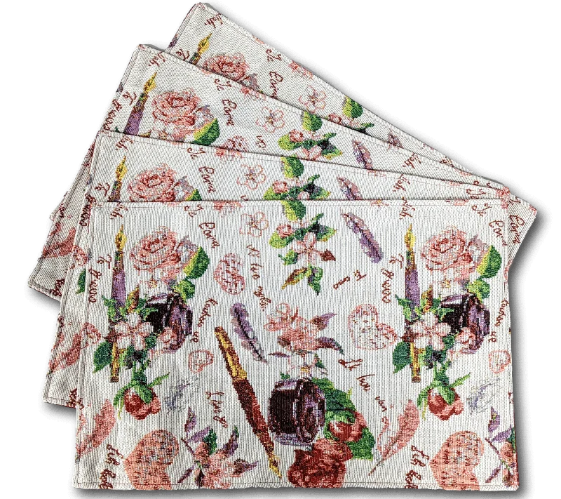 DaDa Bedding Set of 4-Pieces Sweet Love Notes Pink Floral Tapestry Dining Table Placemats 13” x 19”