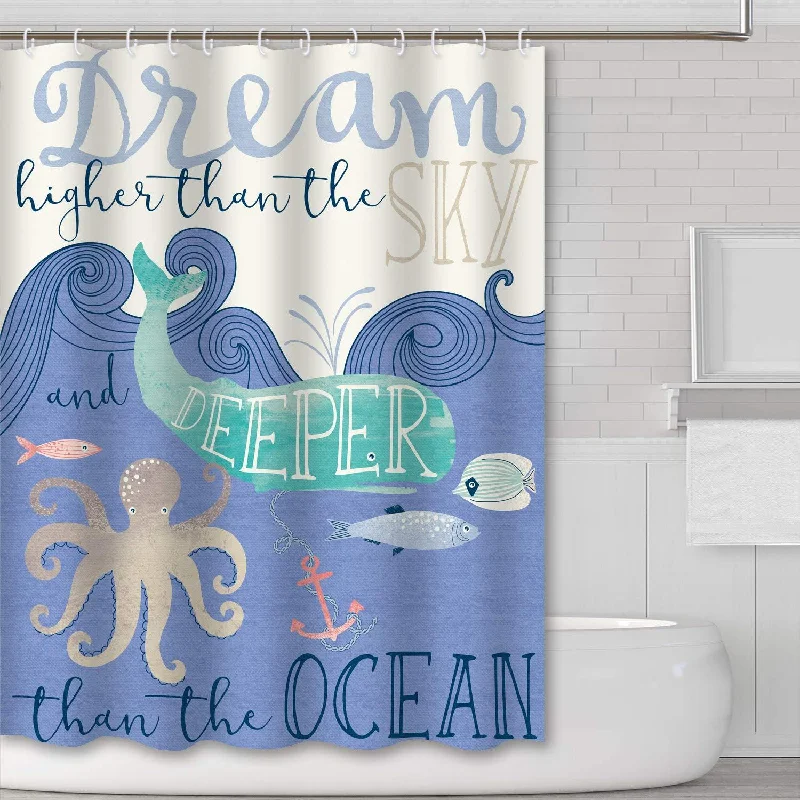 Dream Higher Than The Sky and The Ocean Letter Pattern Blue Ocean Wave Home Textile Decoration Waterproof Shower Curtain Set