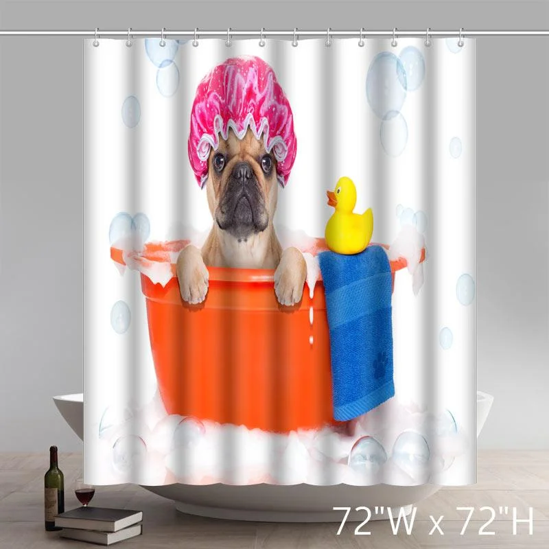 Funny Print Cute Dog in Bathroom with Rubber Duck Having a Bath Print Lover Funny Home Decoration Shower Curtains