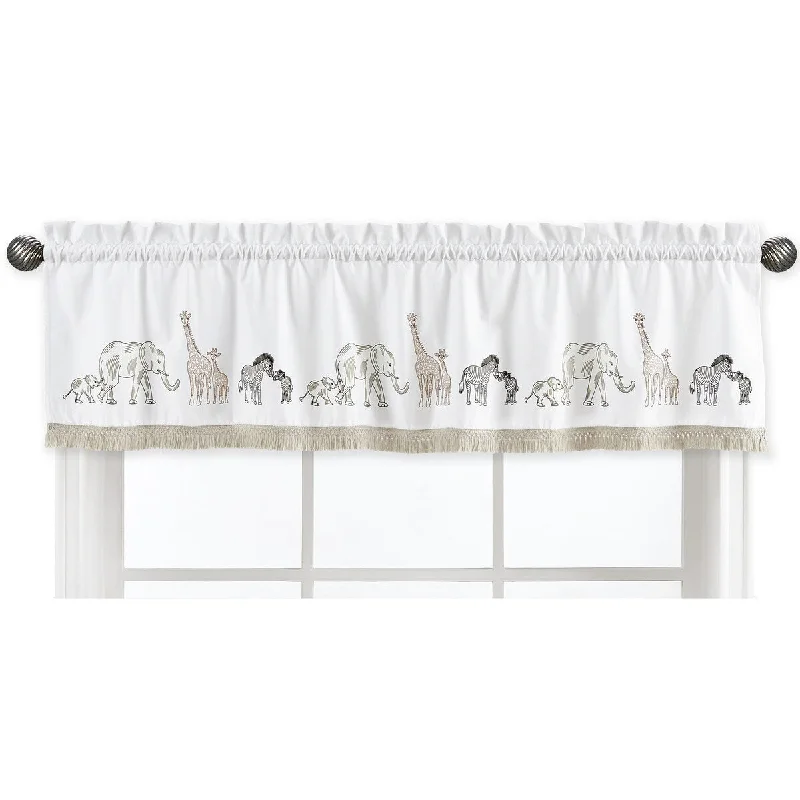 Jungle Safari Animal Parade Window Curtain Valance Tan Taupe Black and White Gender Neutral Elephant Giraffe Wildlife Adventure