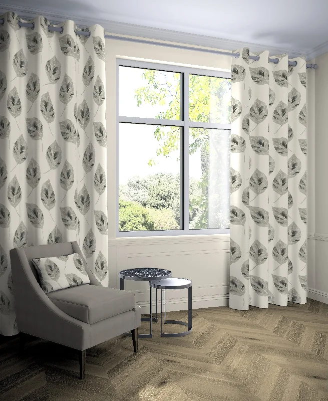 Leaf Soft Grey Floral Cotton Print Curtains