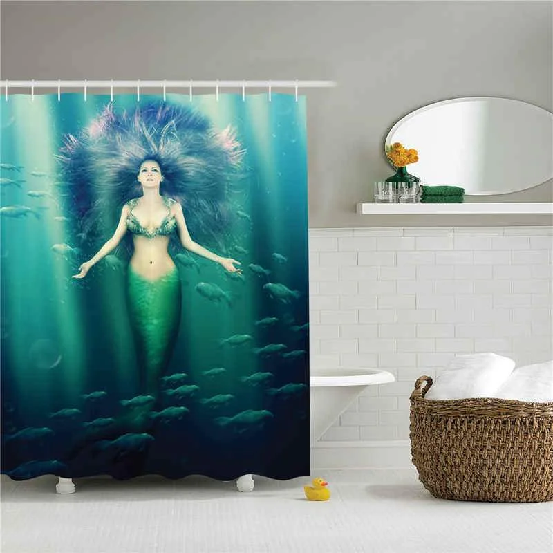 Mermaid Decor Shower Curtain Set Mermaid with Fish in Sunbeams Sunlights Magical Underwater World