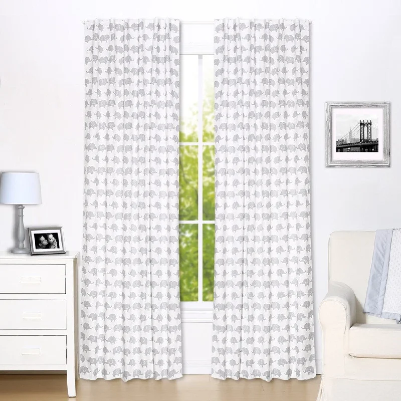 The Peanut Shell Elephant Print Blackout Window Panel Pair in Grey