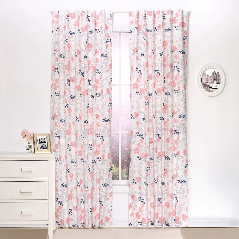 The Peanut Shell Floral Blackout Window Panel Pair in Coral/Navy