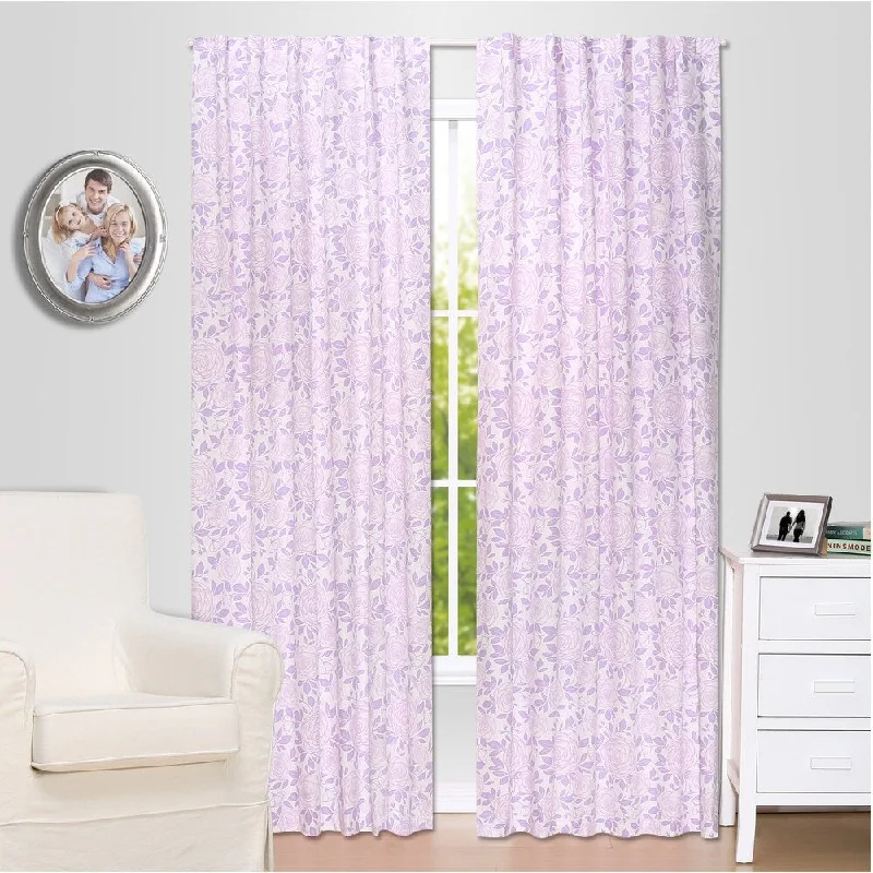 The Peanut Shell Rose Print Blackout Window Panel Pair in Purple