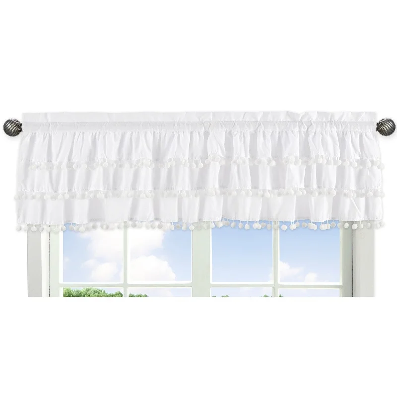 White Window Curtain Valance - Gender Neutral Solid Color Bohemian Southwest Tribal Pom Pom for Llama Collection Tiered Ruffled