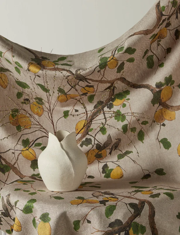 Lemon Birds Flax Linen Fabric by Nathan Turner