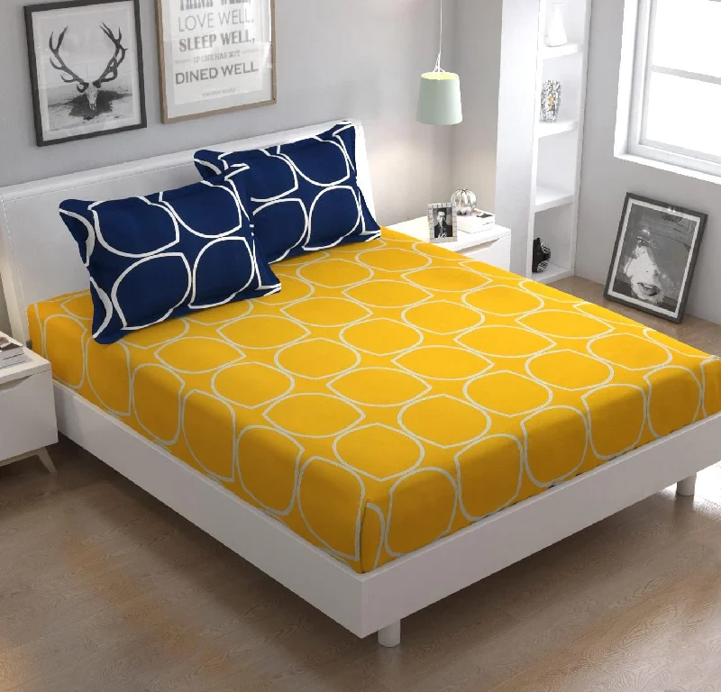 1 All Around Elastic Fitted Bedsheet with 2 Pillow Covers (Yellow With Circle Pattern)