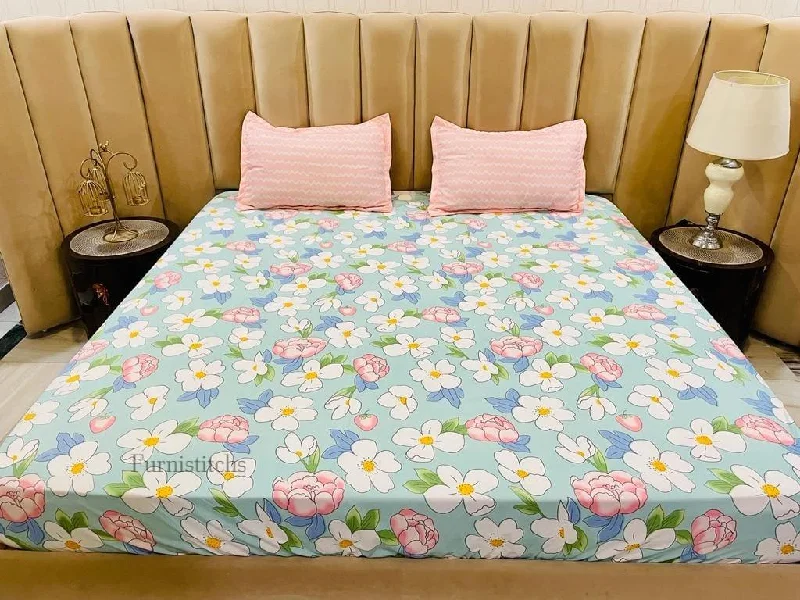 1 All Around Elastic Fitted Flower Print Bedsheet with 2 Pillow Covers