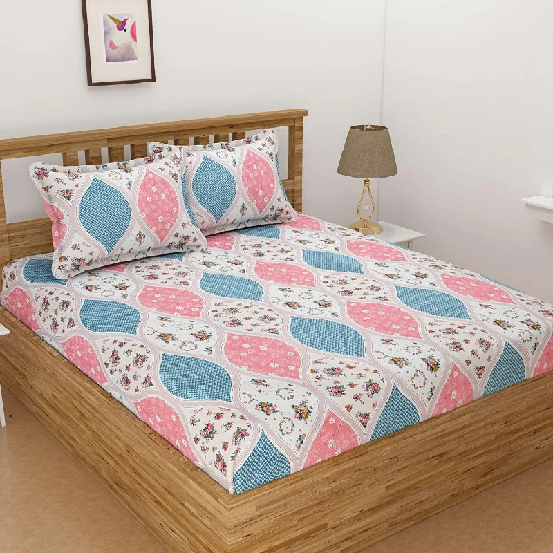 1 All Around Elastic Fitted With Blue & Pink Pattern Bedsheet with 2 Pillow Covers