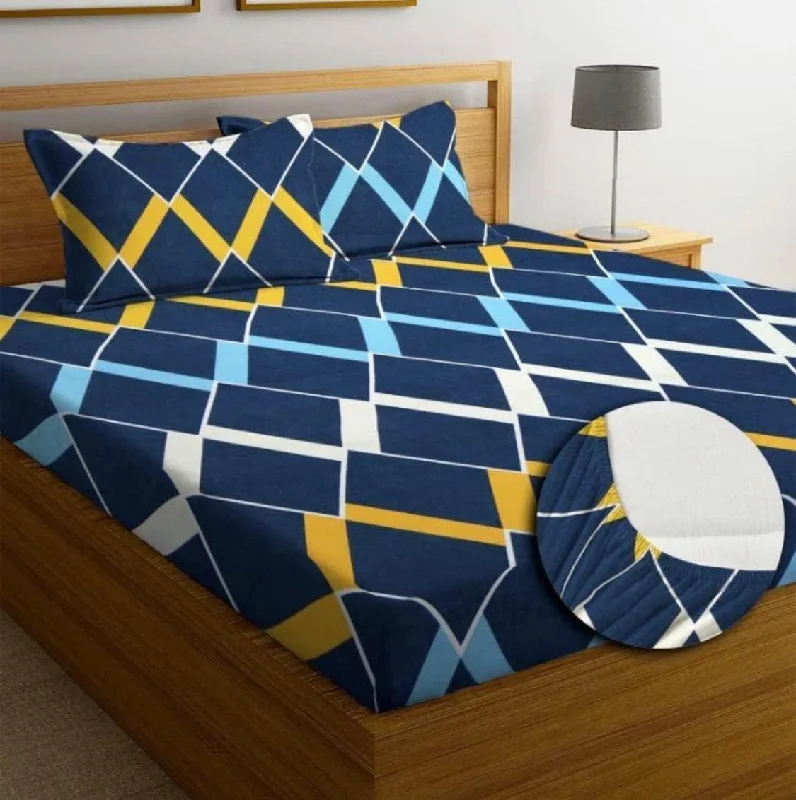 1 All Around Elastic Fitted Zig Zag Pattern Bedsheet with 2 Pillow Covers (Blue Color)