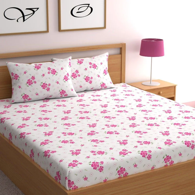 All Around Elastic Fitted Printed Bedsheet with 2 Pillow Covers (White, Pink)