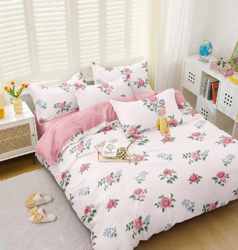 One Bedsheet With 2 Contrast Pillow Covers (White & Pink)