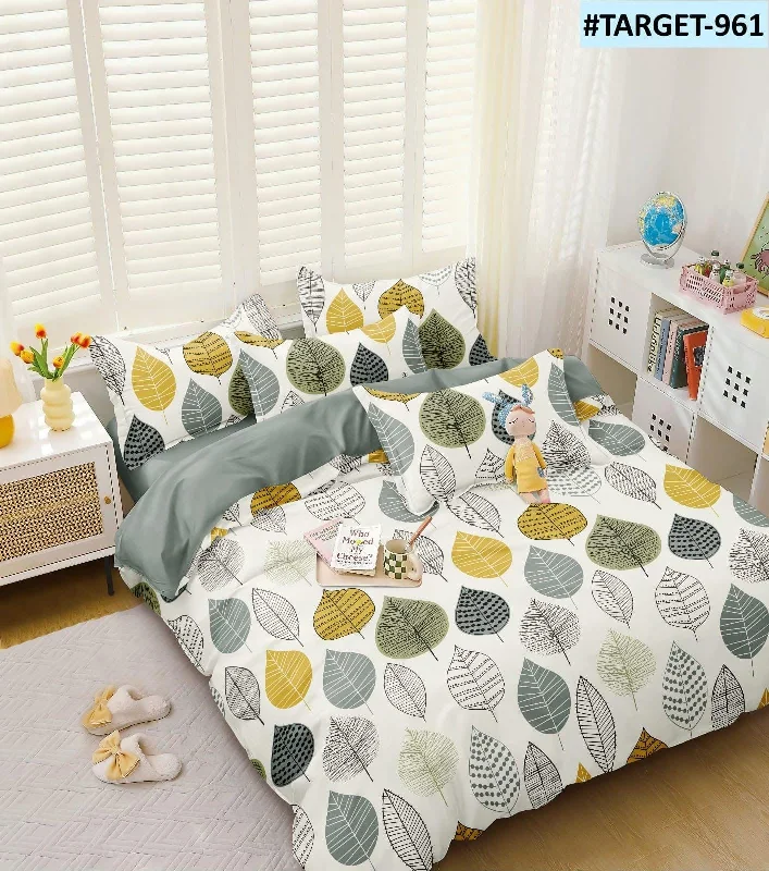 One Bedsheet With colorful Leaf Pattern With 2 Contrast Pillow Covers