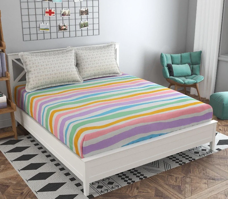 One Rainbow Bedsheet With 2 Contrast Pillow Covers