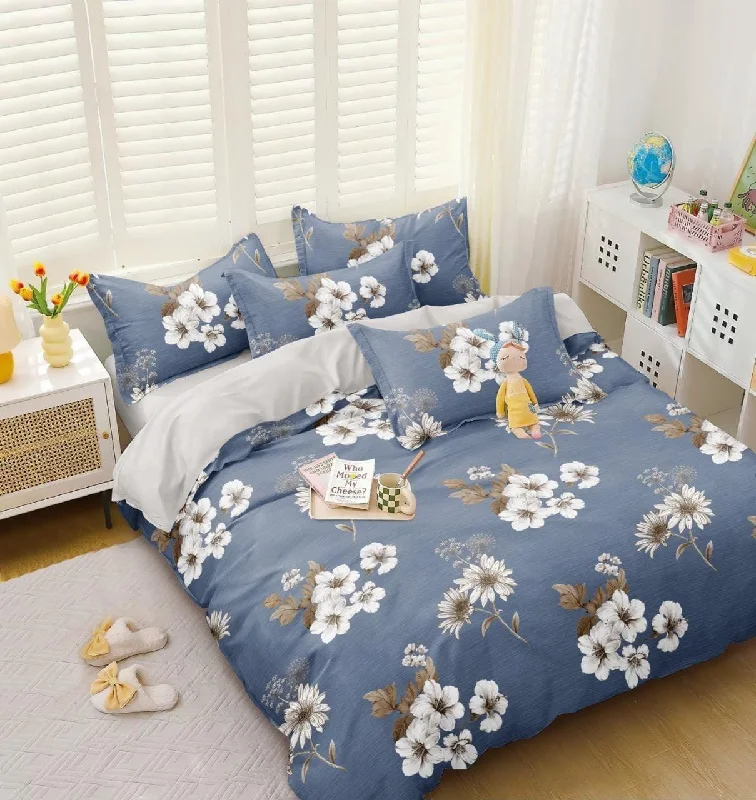 One White Flower Print on Blue Bedsheet With 2 Contrast Pillow Covers