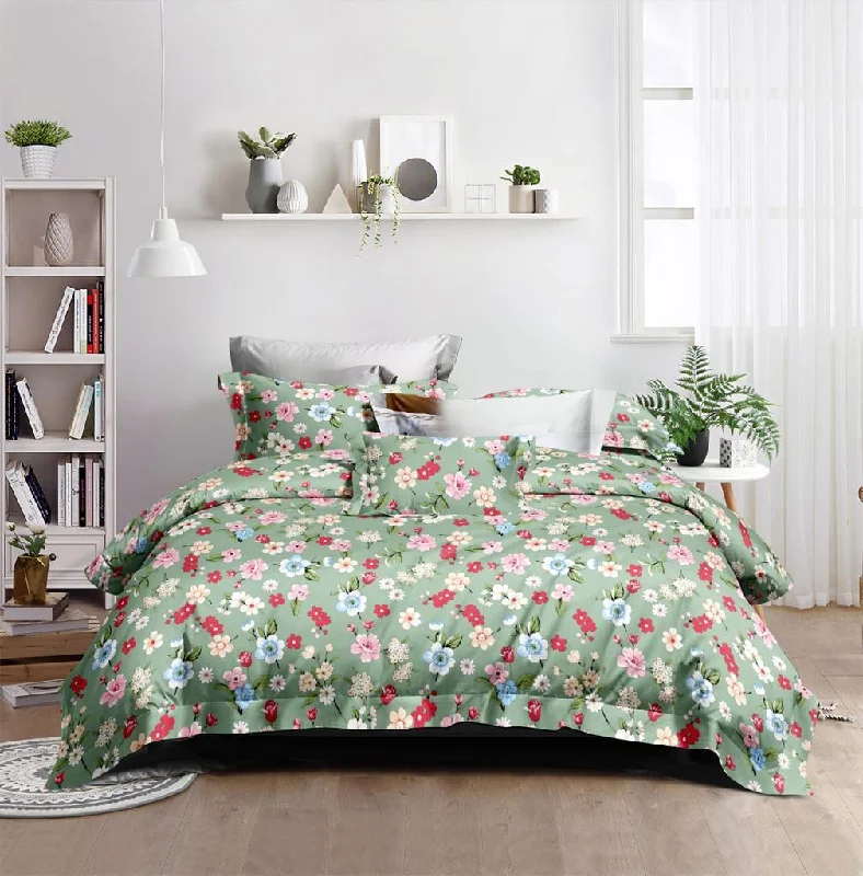 Super Soft Premium Fabric Bedsheet With 2 Contrast Pillow Covers Green Bedsheet with Floral Print