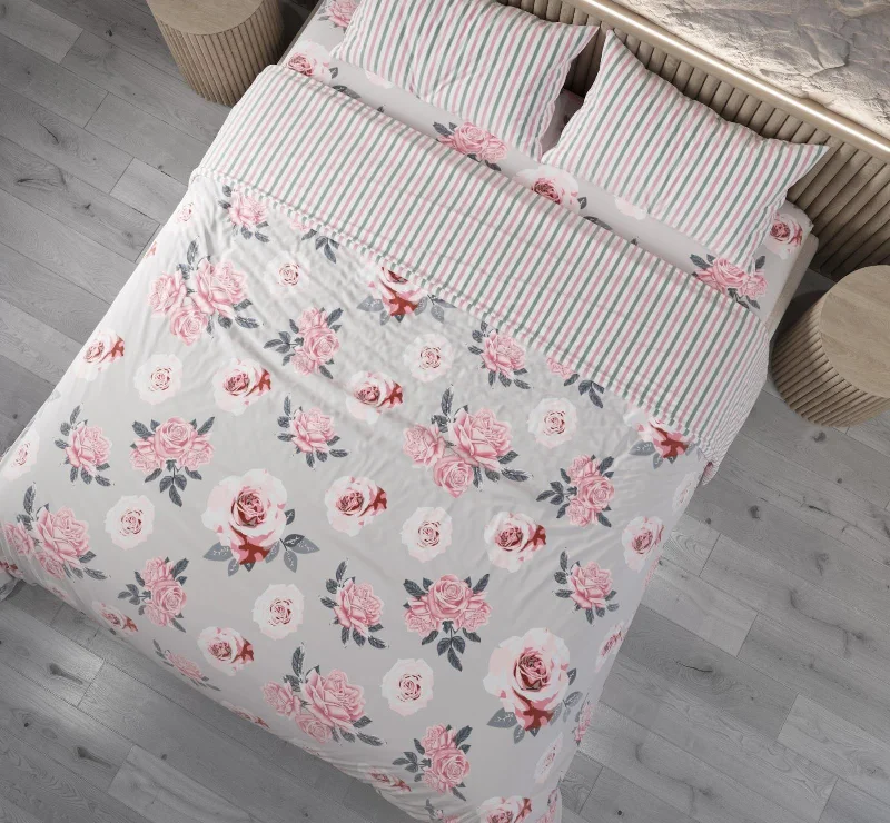 Super Soft Premium Fabric Gray Bedsheet With Flower print + 2 Contrast Pillow Covers